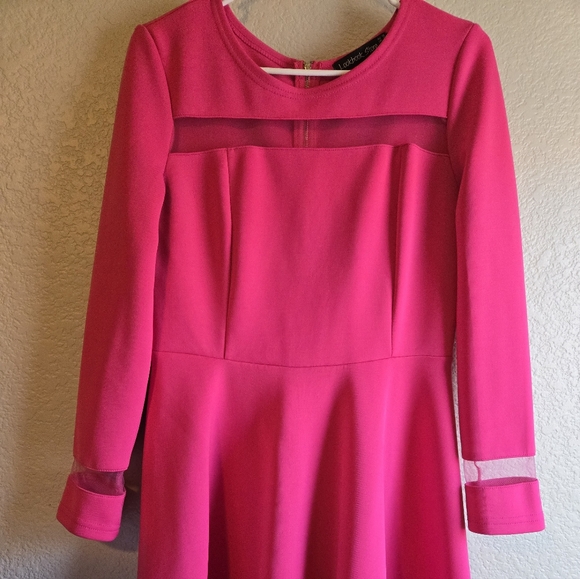 Hot Pink Long Sleeve Dress With Mesh Detailing - Picture 2 of 3